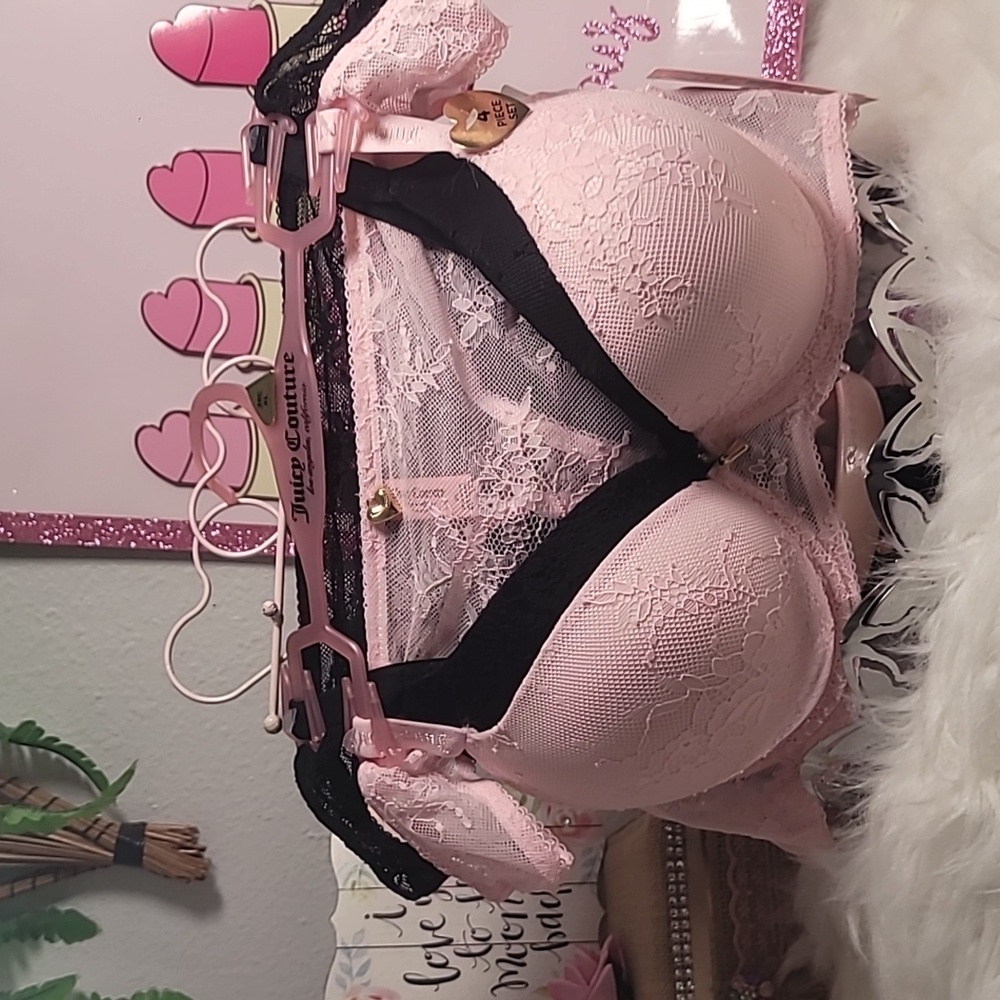 Juicy Couture Black and Pink Lace Bra Set